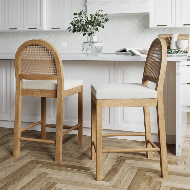 Bailey Boucle Upholstered Rattan Bar Stool or Counter Height Stool with Natural Rattan Woven Back For Kitchen Island - Set of 2 - Cream/Light Brown - Counter Height