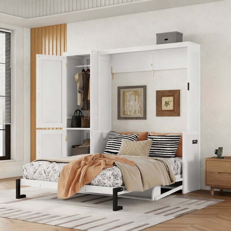 GDFStudio- UrbanFlex Modern Space-Saving Wooden Murphy Bed with Wardrobe and Charging Station