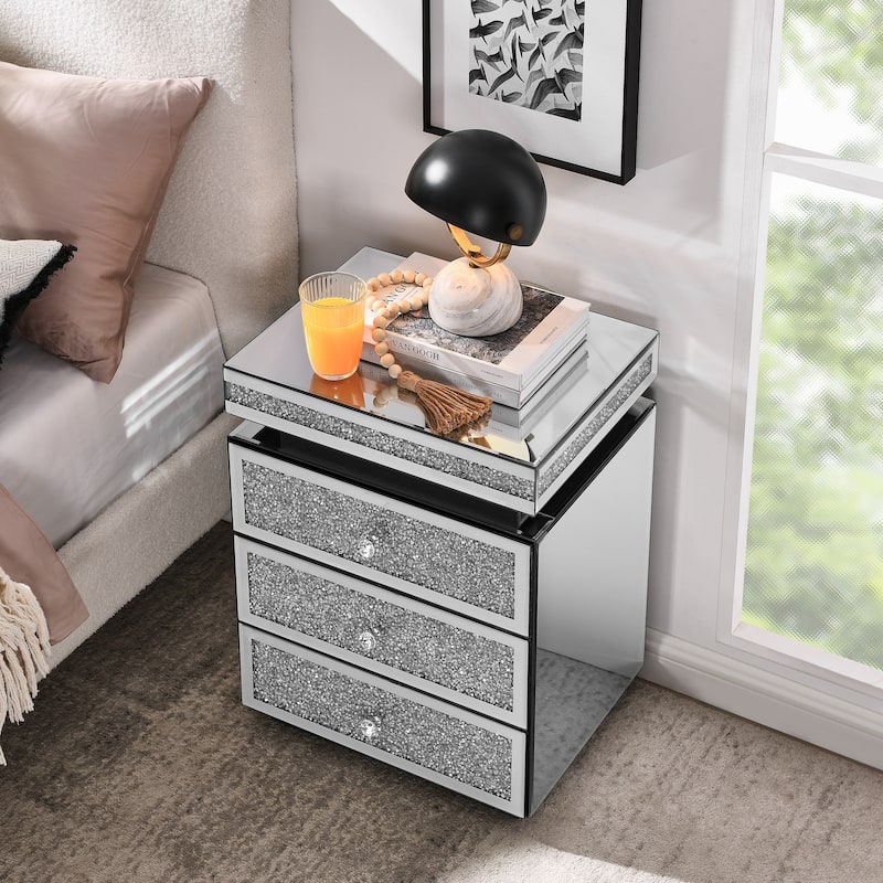 Mirrored Nightstand with Drawers, Couch Side Table with Crystal Pulls, Living Room Side Table with Crushed Decorate