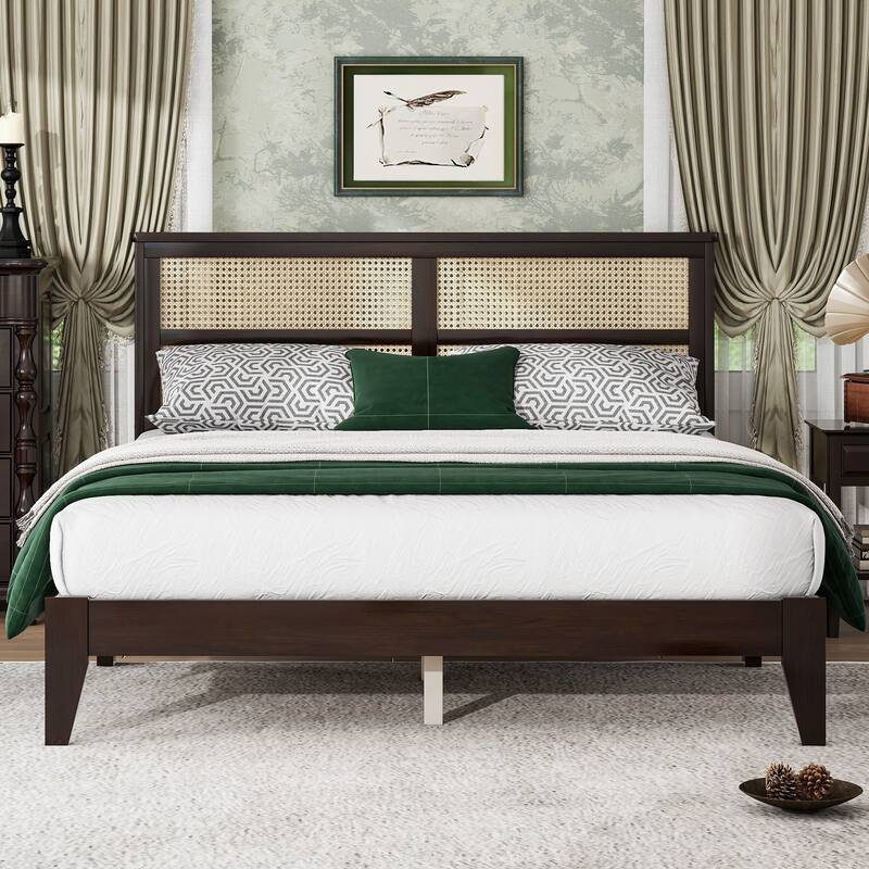 Full Size Bed with Rattan Headboard, 2 Storage Drawers, Rubber Wood Bed with Enhanced Support Salts and Feet, Espresso