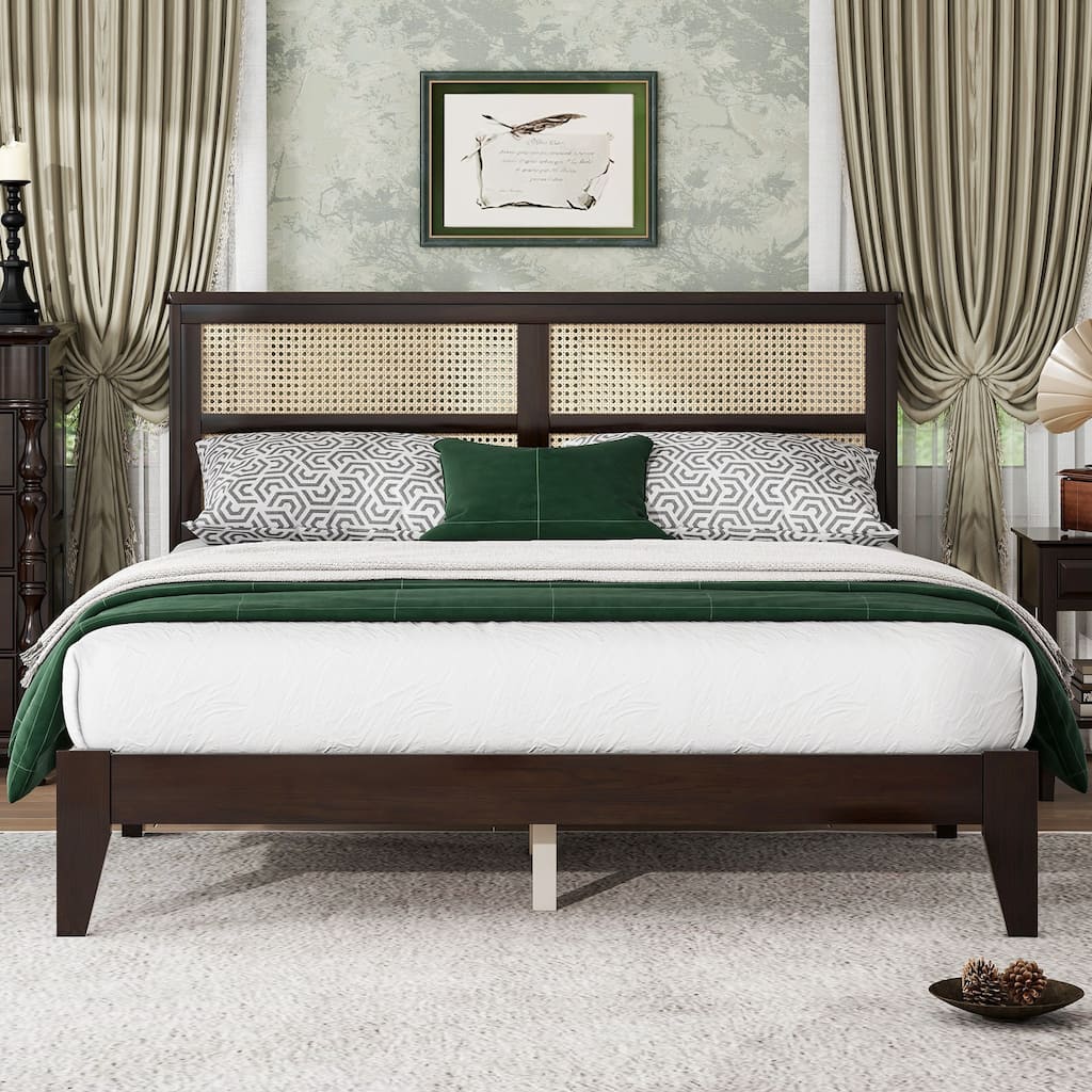Queen Size Platform Bed with PE Rattan Headboard, Spacious Underbed Storage