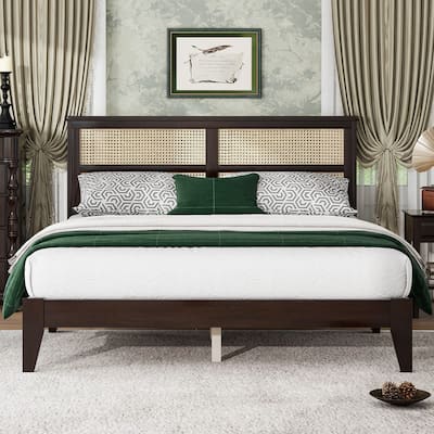 Rubber Wooden, Solid Wooden Bed with Rattan Headboard, Enhanced by Support Feet