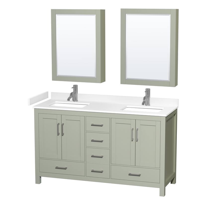 Sheffield Double Bathroom Vanity Set, Cultured Top, Medicine Cabinets - 60-Inch Double - Light Green, White Cultured Marble Top,Nickel Trim