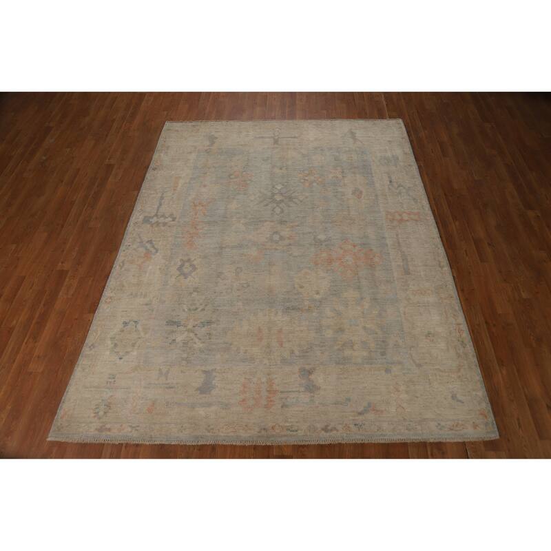 Geometric Vegetable Dye Oushak Turkish Rug Hand-Knotted Wool Carpet - 6'3"x 8'2"