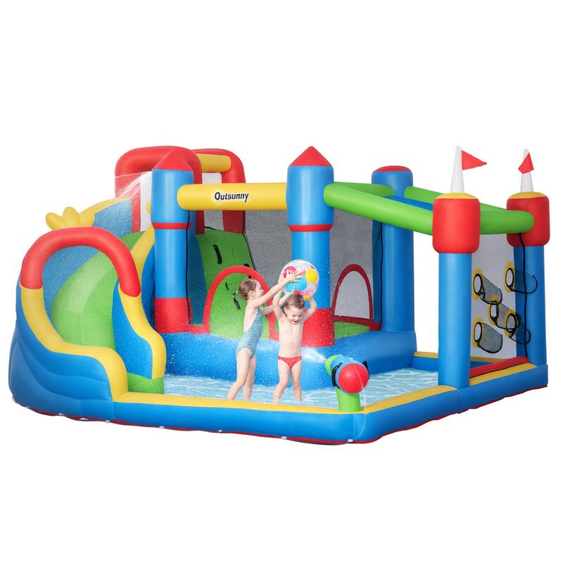Outsunny 6-in-1 Inflatable Water Slide, Kids Water Park Castle Bounce House with Pool, Slide, Trampoline, Climbing throwing Wall