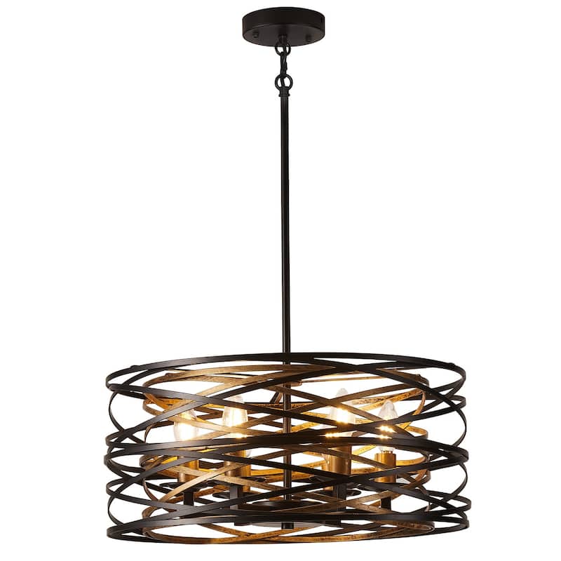 Modern Black and Brown 6-Light Flat Iron Ring Pendant Lamp