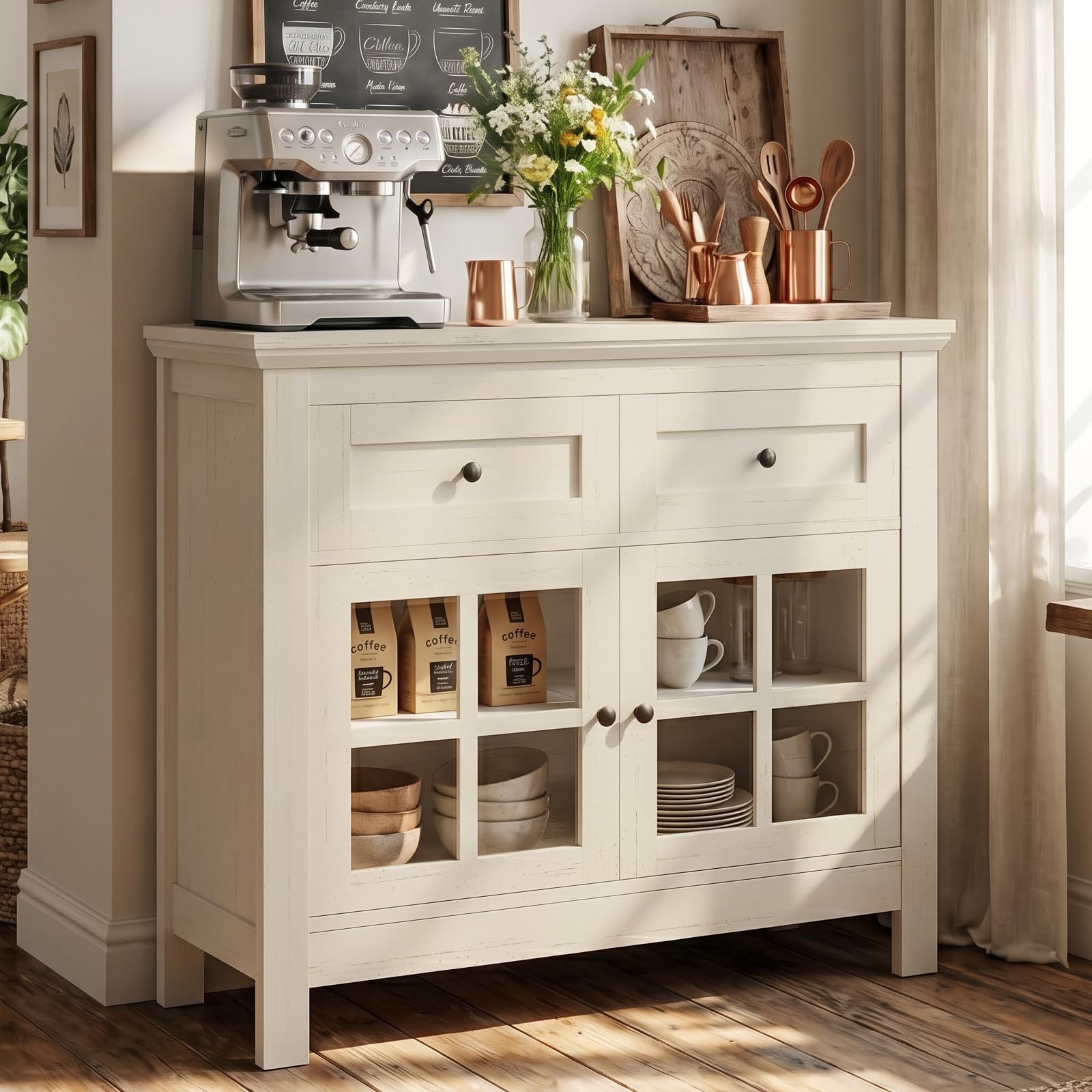 Koia Sideboard Buffet Cabinet with 2 Drawers, Glass Door Display Cabinet for Kitchen/ Dining Room