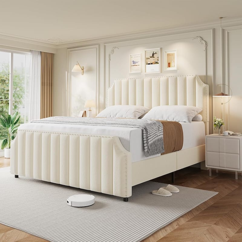 Bed Frame with 50.2" Headboard, Upholstered Platform - Beige - King