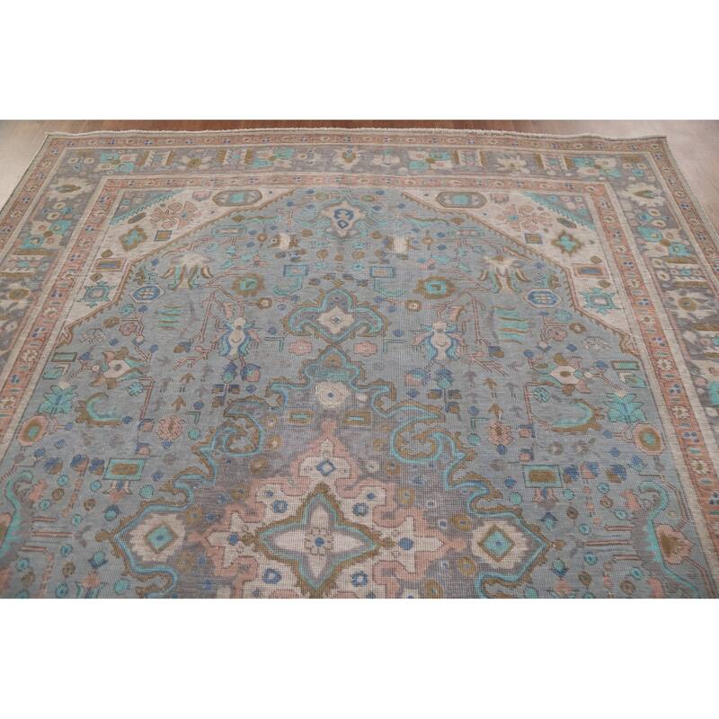 Geometric Blue Tabriz Persian Antique Area Rug Handmade Wool Carpet - 8'0" x 10'10"