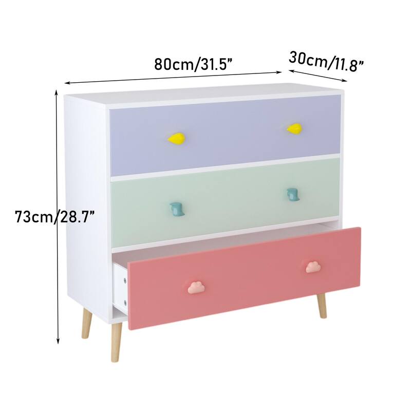 Anmytek Kids 3 Drawer Chest with Pastel Drawers Cartoon Handles Nursery and Playroom Storage