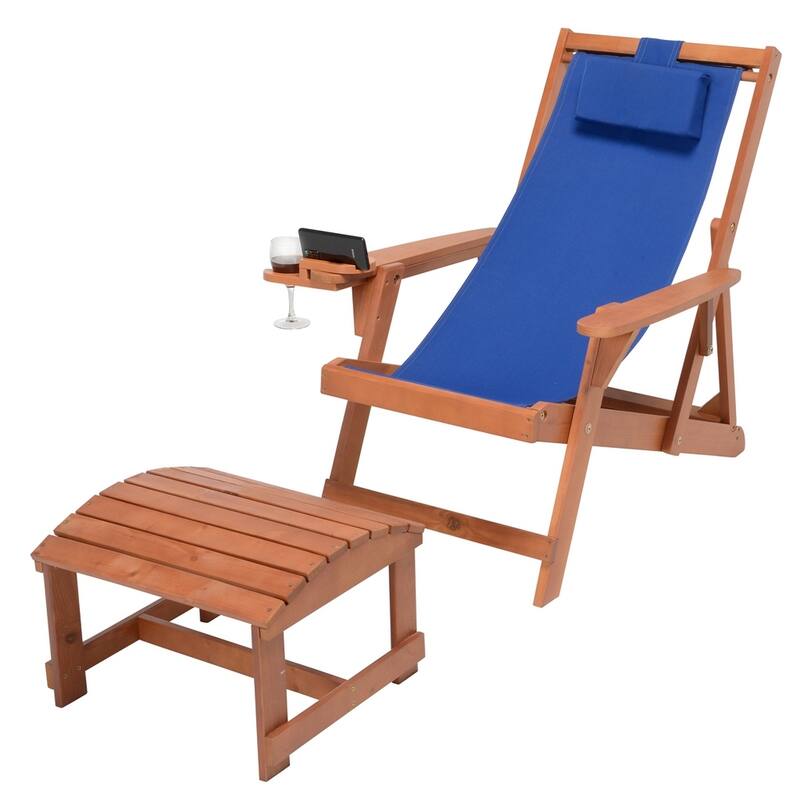 Romantic Collection Canvas Sling Chair with Cup and Wine Holder and Ottoman - Walnut Frame Blue Cushion