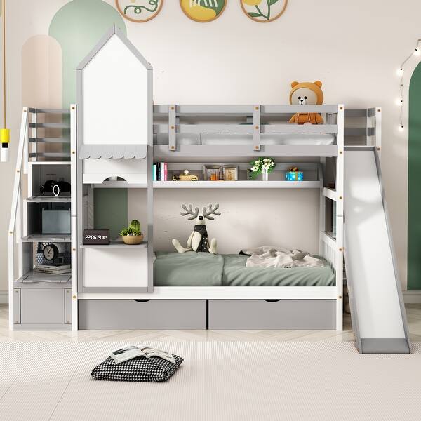 slide 2 of 11, Twin Over Twin Castle Style Bunk Bed w/2 Drawers, 3 Shelves&Slide,Grey Grey - Twin