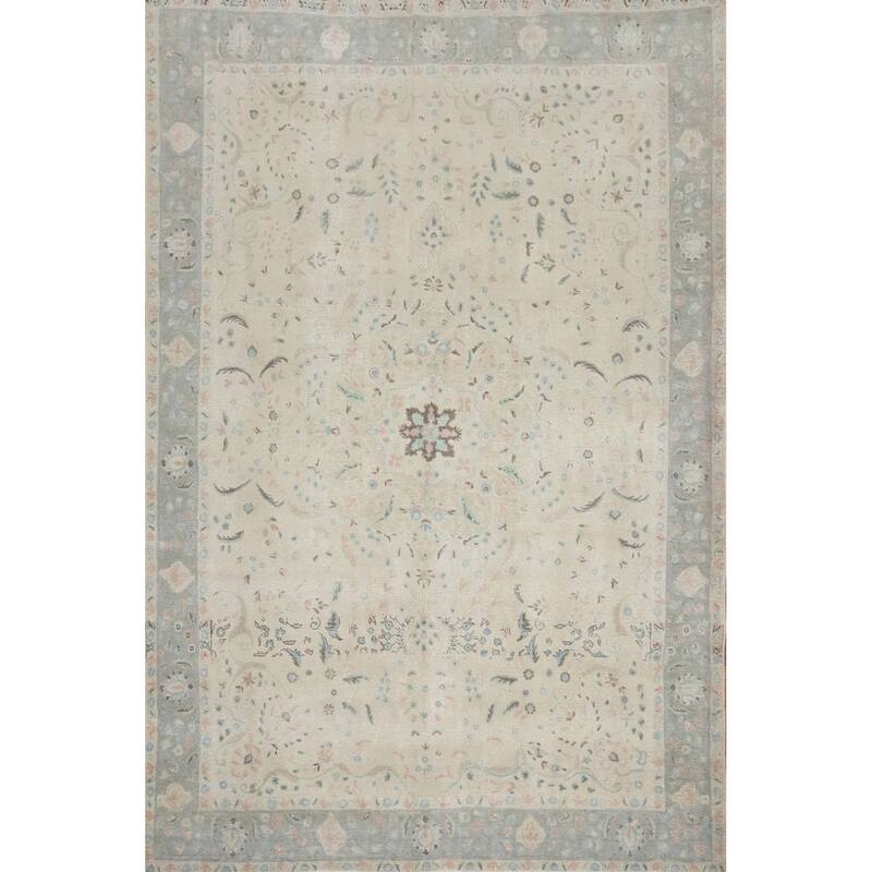 Hand Knotted Oriental 100% Wool Carpet Traditional Floral Beige & Ivories Tabriz Area Rug - 13' 0'' X 9' 6''