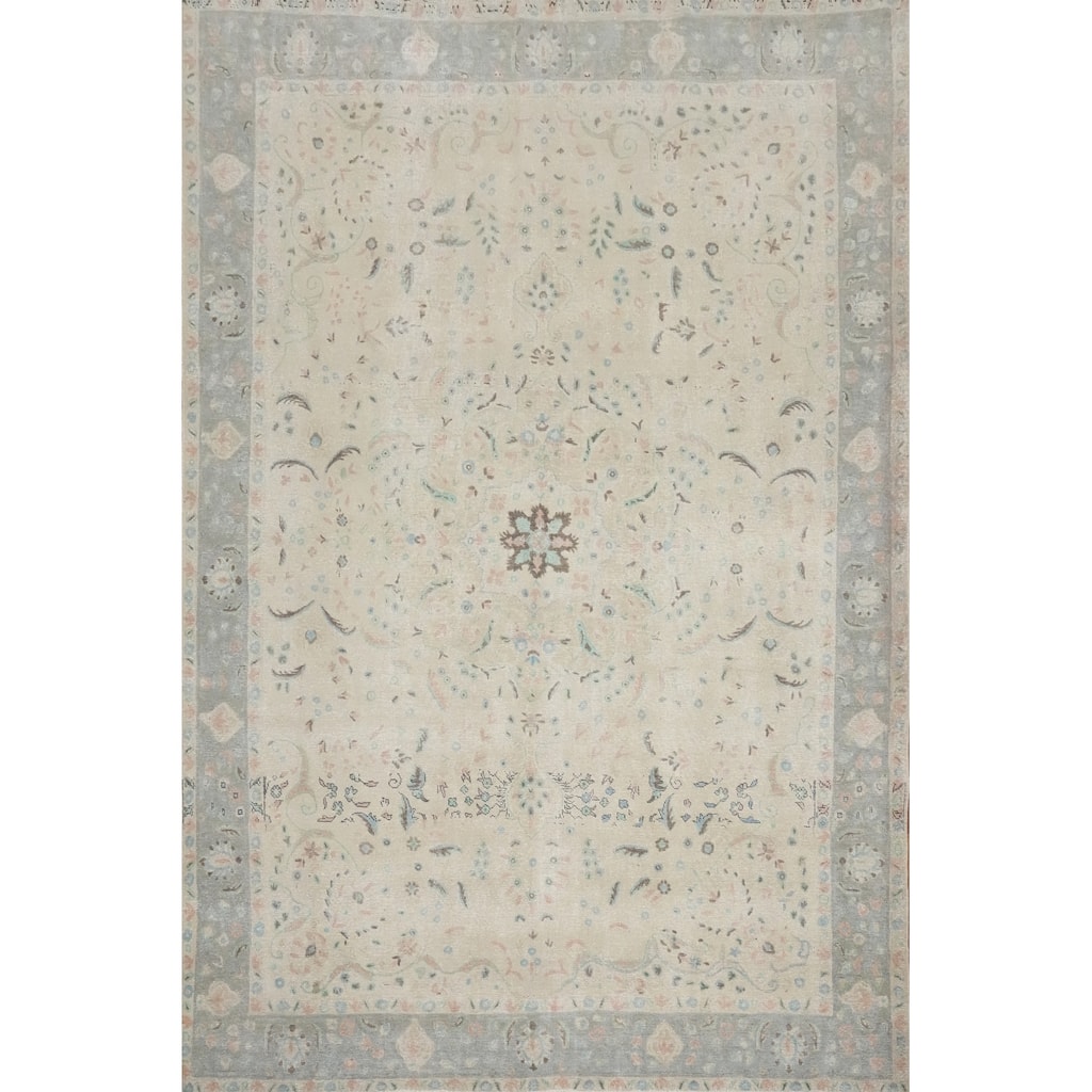 Hand Knotted Oriental 100% Wool Carpet Traditional Floral Beige & Ivories Tabriz Area Rug - 13' 0'' X 9' 6''