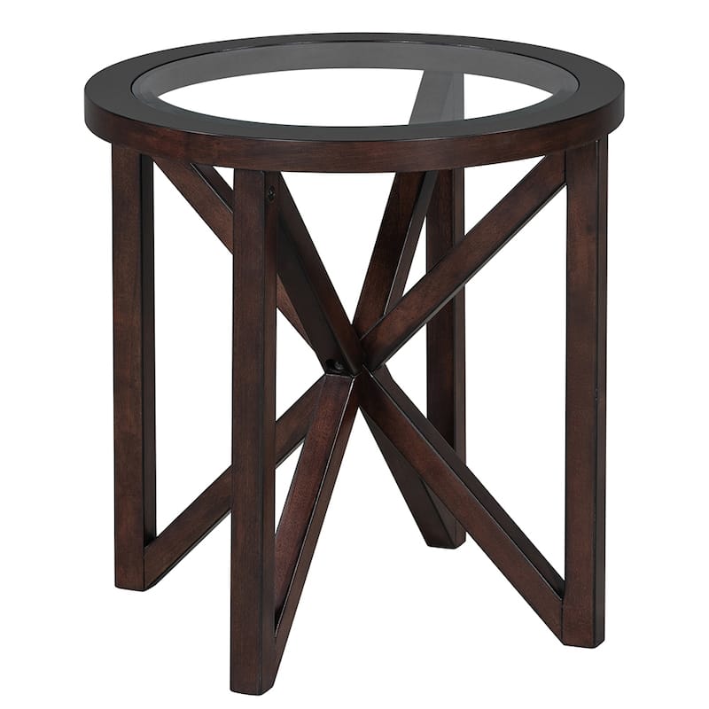 Modern Coffee Table Living Room Coffee Table With Round Transparent Glass Top, Anti-Scratch Design, Solid Wood Tripod - Cherry