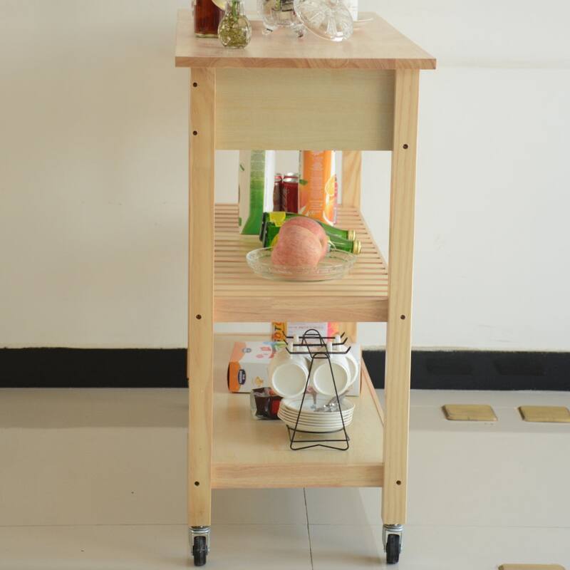 Simple Design Kitchen Cart with Two Lockable Wheels, Rubber Wood Top