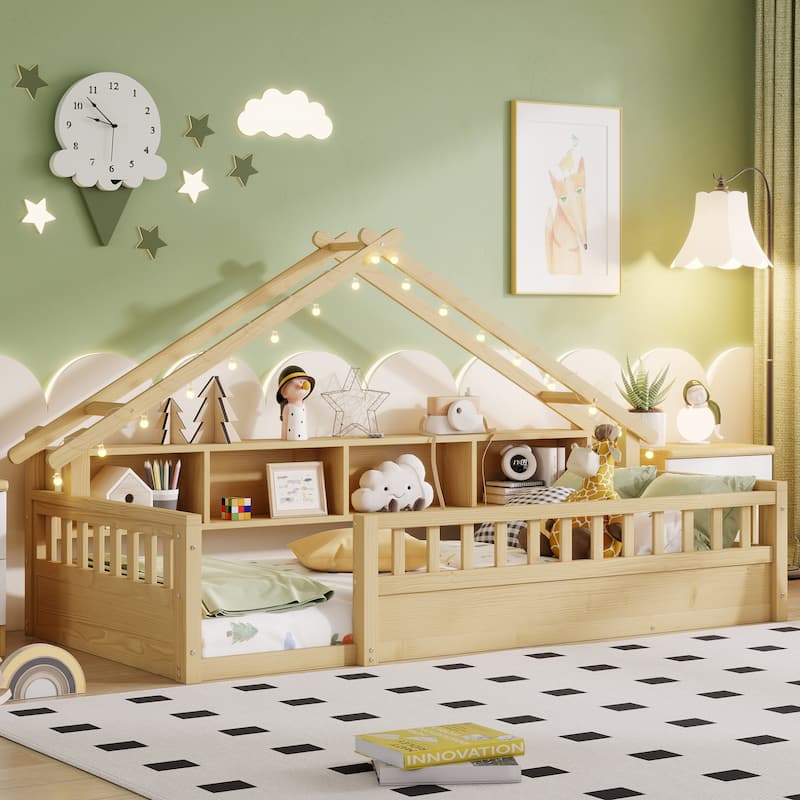 Floor Bed House Bed Frame with Storage Shelf Safety Guardrails - White - Twin XL