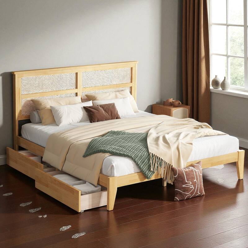 Full/King Size Rubber Wood Bed with Rattan Headboard and 2 Storage Drawers, Solid Frame with Reinforced Support Slats and Feet - White Oak - King