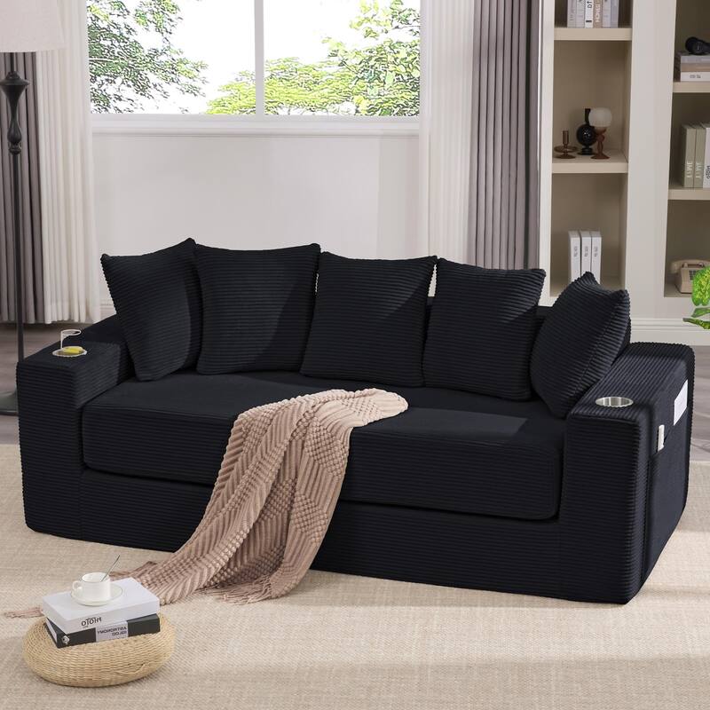 2-in-1 Convertible Sleeper Sofa, Floor Folding Couch, Sofa Bed with Side Pocket, Pull Out Loveseat with Cup Holders