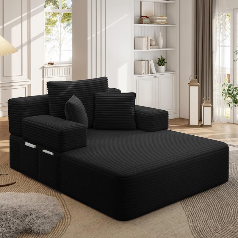 Luxurious Plush Corduroy Chaise Lounge Convertible Sofa Bed with Storage Pocket and Wide Armrests