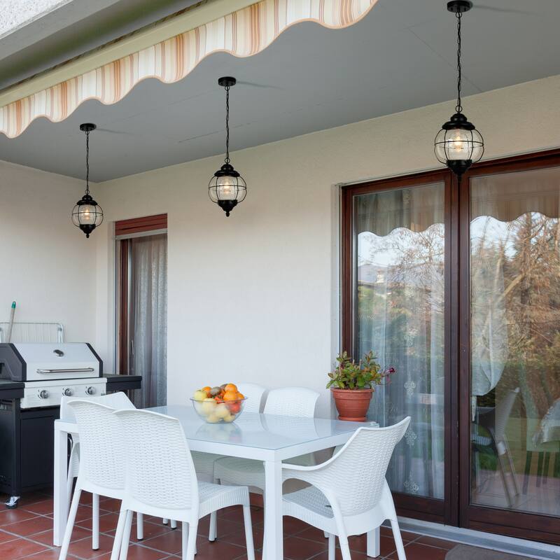 Modern Farmhouse Black 1-Light Outdoor Pendant Light Glass Patio Lantern Lamp - D10" X H12"