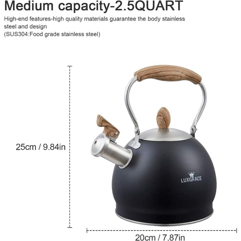 Creative Home 2.6 Qt. Stainless Steel Whistling Tea Kettle Teapot with Folding Handle, Aluminum Capsulated Bottom, Opaque Black