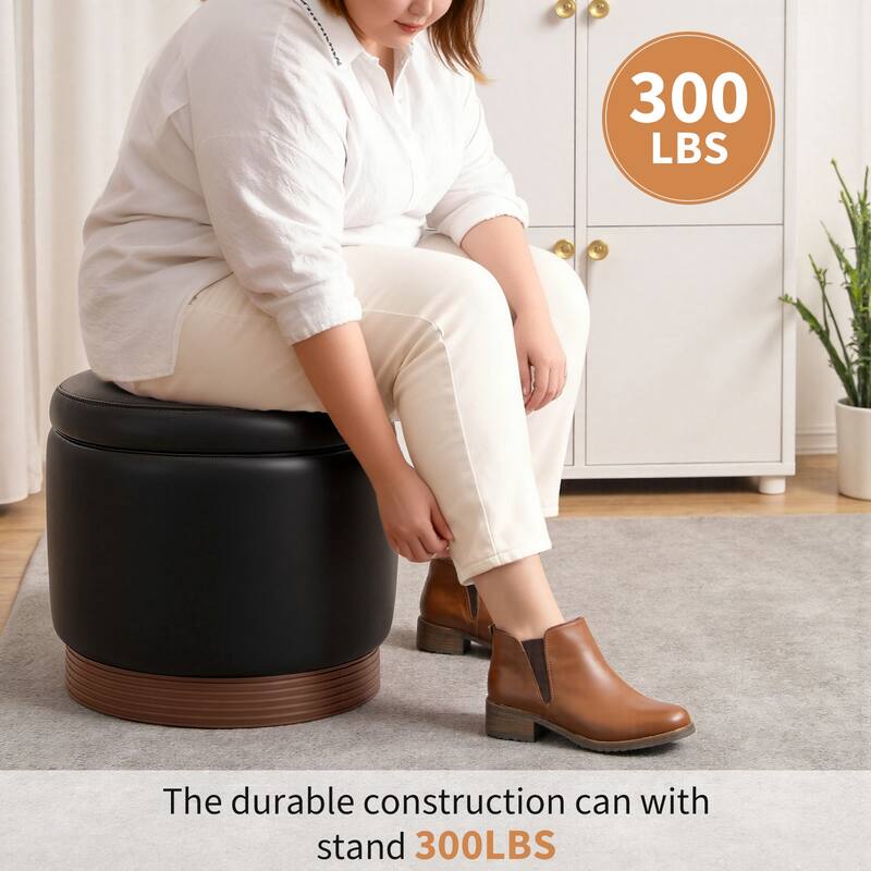 Round Swivel Storage Ottoman Footstool with Flip-top and Acacia Frame