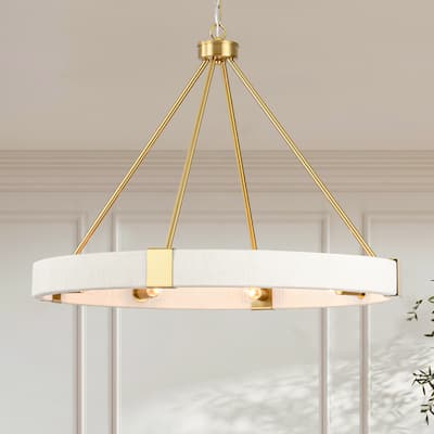 8-Light 27" W Modern Boho Beige Round Wagon-wheel Hand-Woven Cotton Chandelier - 27.6 in. W x 21.3 in. H x 27.6 in. D