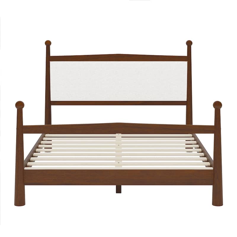 Platform Bed with Upholstered Boucle Headboard Panel Bed No Box Spring Needed Wood Slat Bed Low Profile Bed - Minimalist Design