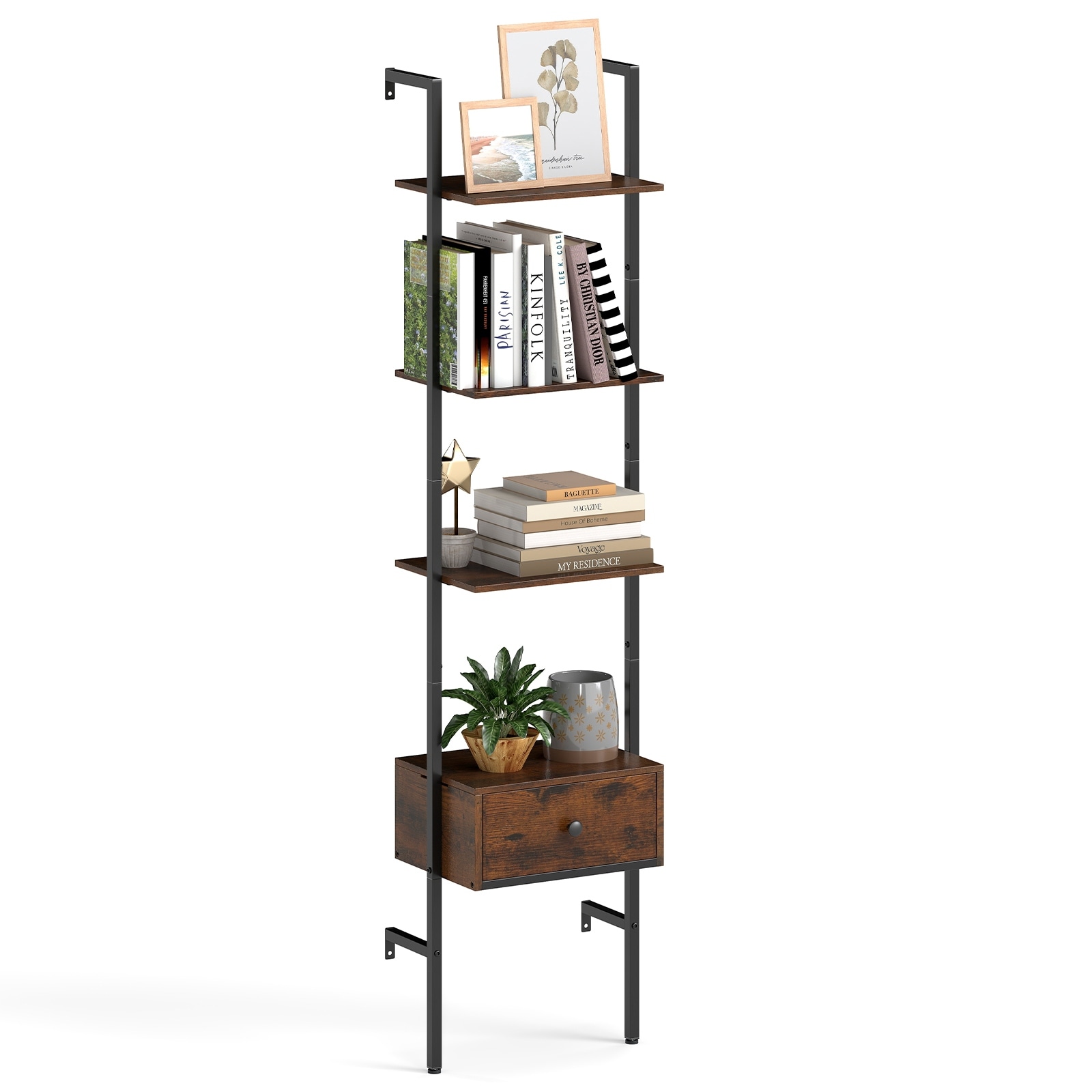 Gymax 5-Tier Bookshelf w/ Drawer 70'' Wall Mount Ladder Bookcase w/