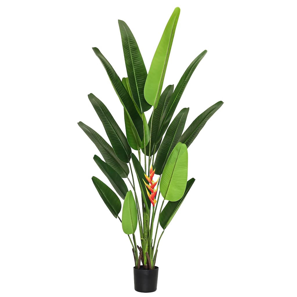7ft Real Touch Green Red Artificial Travelers Palm Tree Tropical Plant in Black Pot - 84" H x 30" W x 30" DP