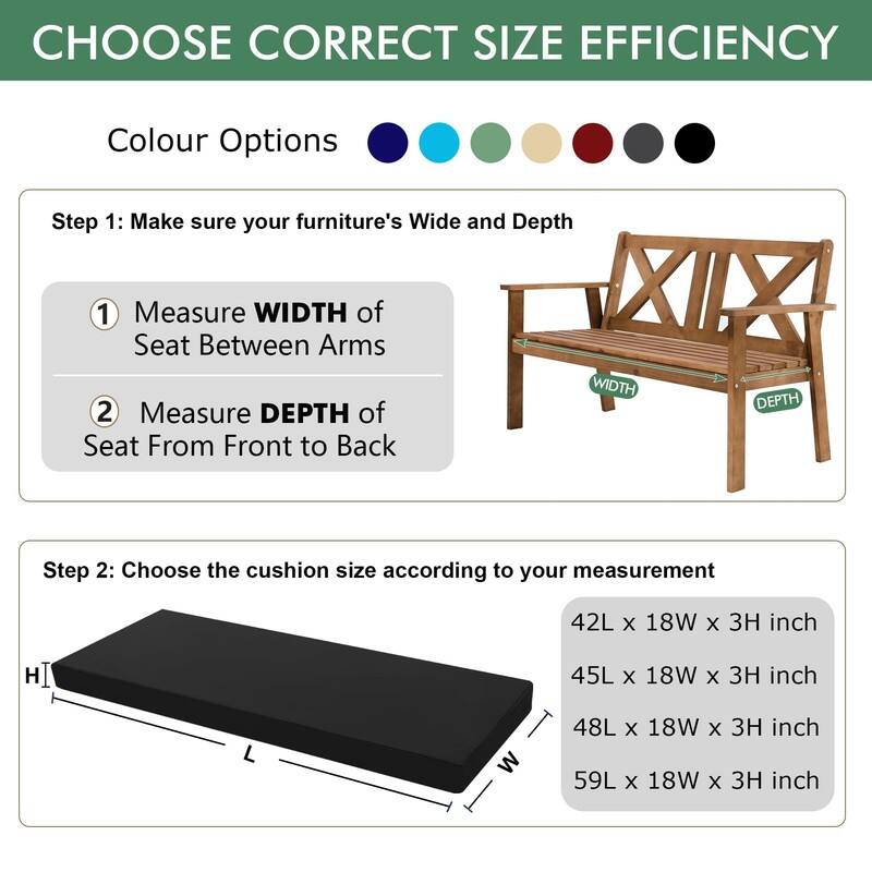 48"x18" Outdoor Bench Cushion – Waterproof, Black, 3" Thick - 48x18x3 Inch