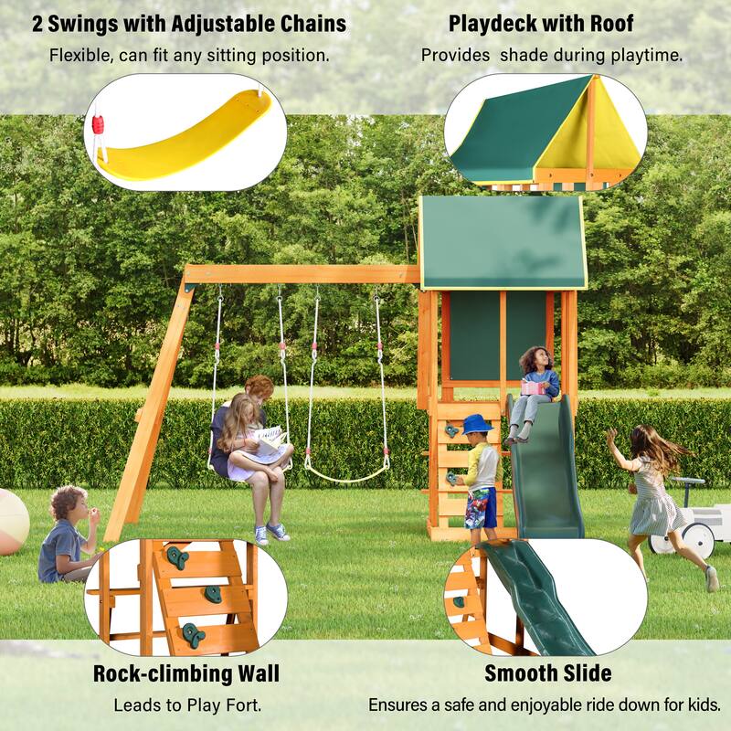 Cedar Wood Outdoor Swing Set 3 in 1 Swing Set, Outdoor Children's Playset with Slide, 2 Swings and Climber for Backyard