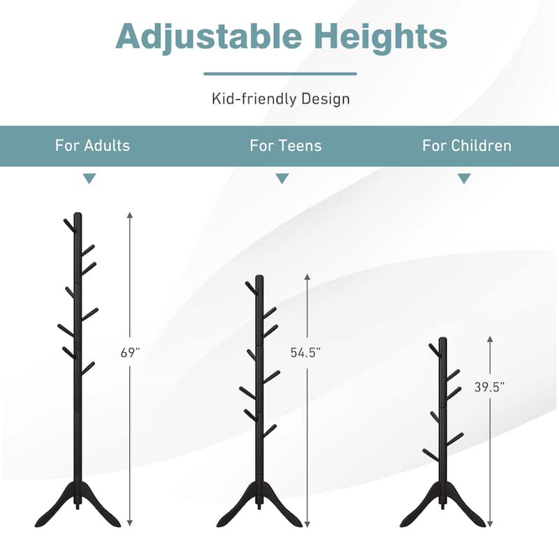 8 Hook Adjustable Wooden Tree Coat Rack for Home Office Hall - 19.5" x 19.5" x 54.5"/ 69"