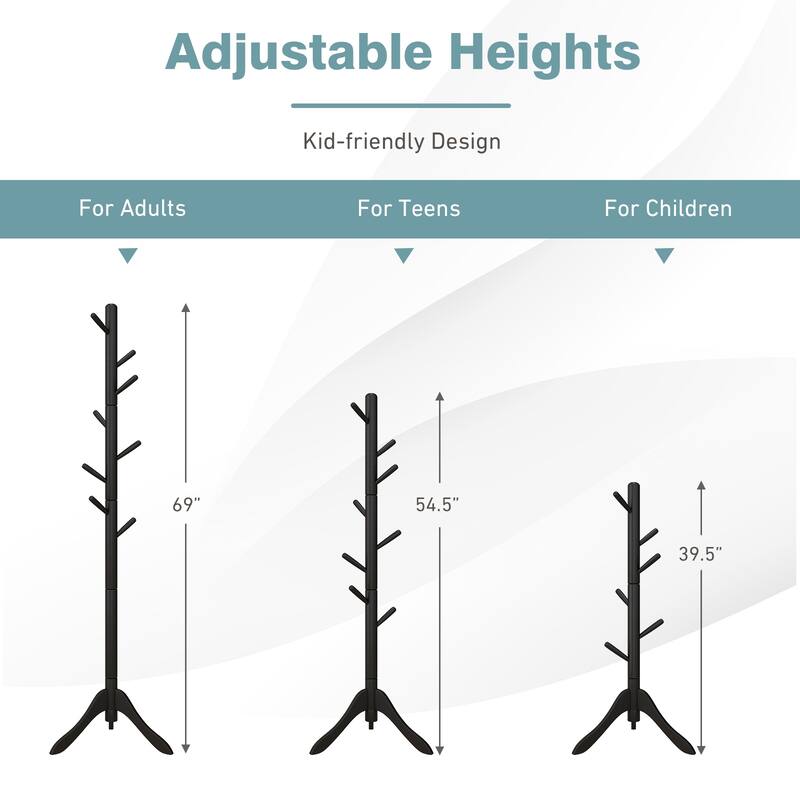 8 Hook Adjustable Wooden Tree Coat Rack for Home Office Hall - 19.5" x 19.5" x 54.5"/ 69"