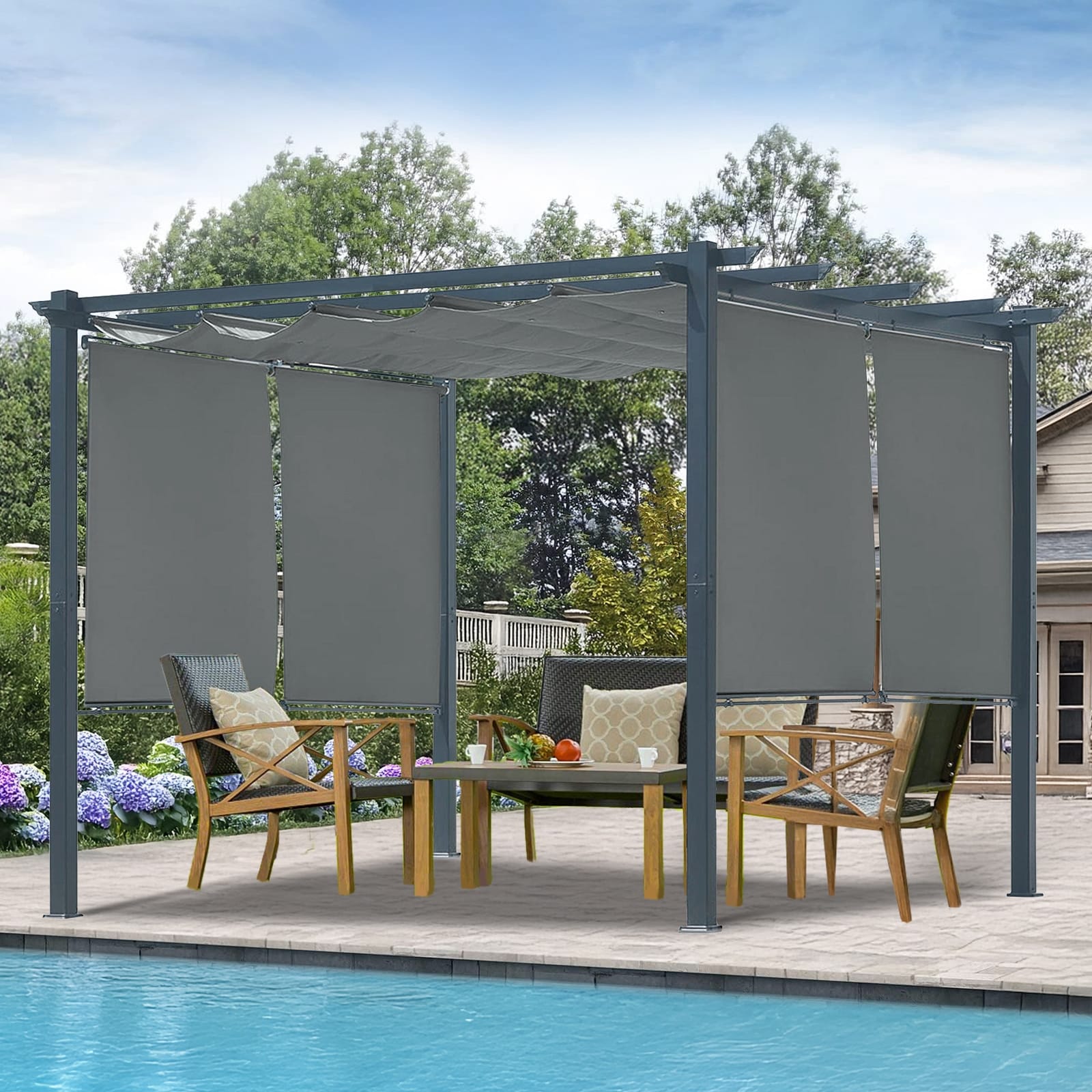 Aoodor 10 x 10 FT Outdoor Pergola with Retractable Shade Canopy, 4 Pieces Roller Shade Curtain