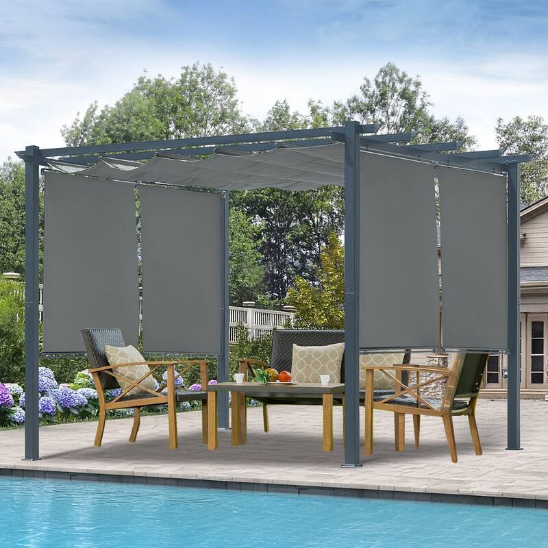 Aoodor 10 x 10 FT Outdoor Pergola with Retractable Shade Canopy, 4 Pieces Roller Shade Curtain - Grey