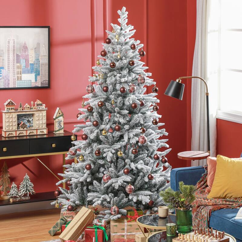 Holiday Decor 7ft Realistic Snow-Flocked Christmas Tree with Foldable Metal Stand, Hinged Xmas Tree for Home, Office, Holiday