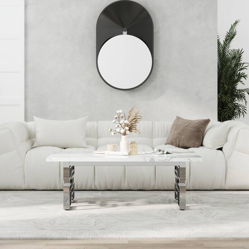 Faux Marble Coffee Table with Metal Legs for Living Room Office