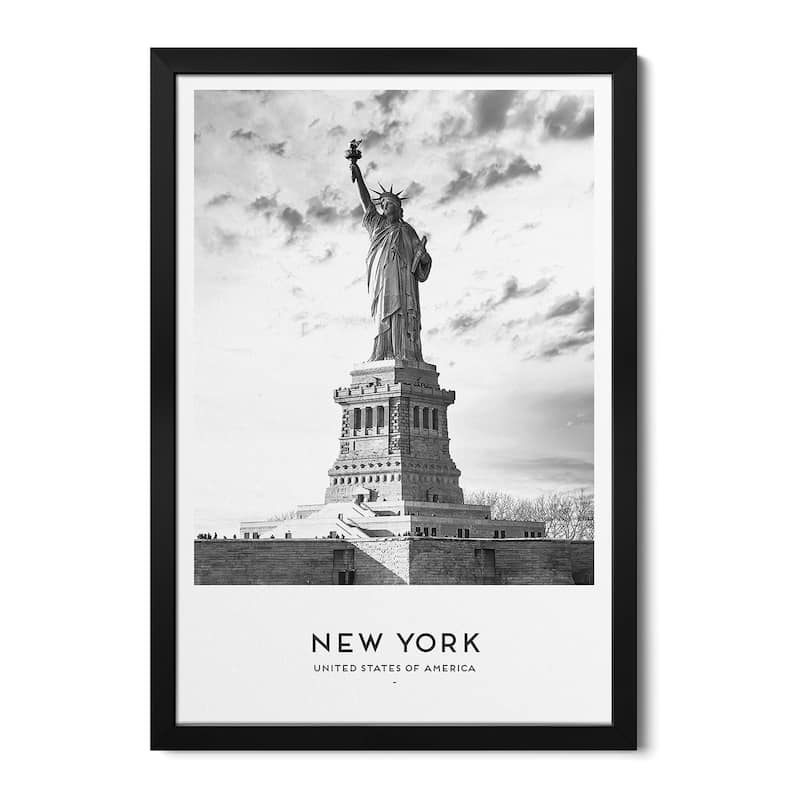 New York Statue Of Liberty Black And White Premium Framed Poster by Naomi Davies - Black - 32x24x1