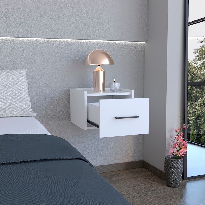 White Modern Floating Nightstand, Space-Saving Design with Convenient Drawer and Black pull Handle - White