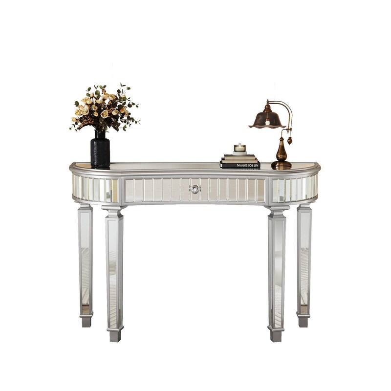 47" Half-Moon Mirrored Console Table with Fluted Glass and Storage Drawer for Stylish Entryway or Vanity