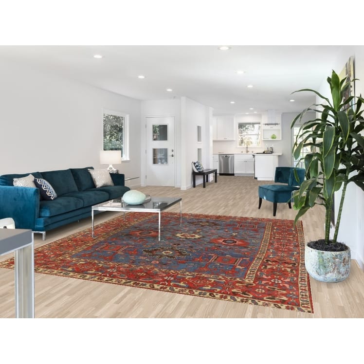 Hand Knotted Oriental 100% Wool Carpet Traditional Geometric Navy Blue & Blues Heriz Area Rug - 8' 5'' X 7' 11''