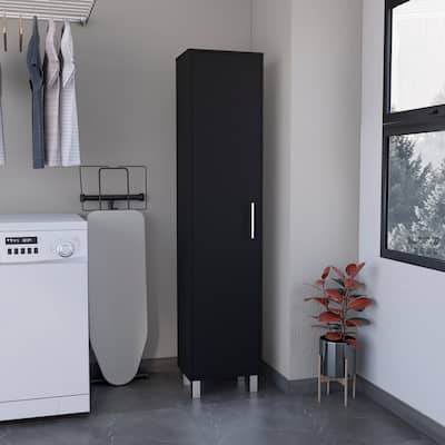 Storage Cabinet 71"H with 5-Tier Shelf, 3 Broom Hangers and Metal hardware, Black