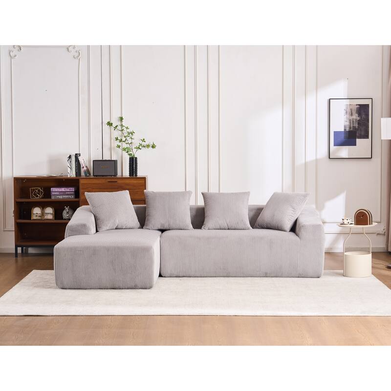 101.6" L-Shaped Corduroy Sectional Sofa with Chaise & Pillows - LIGHT GREY