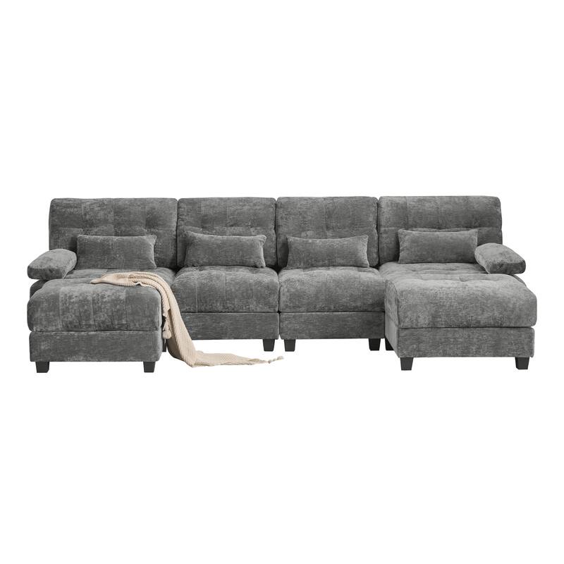 GDFStudio - 4-Seater Adjustable Backrest 119" Chenille Sofa with 2 Ottomans and 4 Throw Pillows