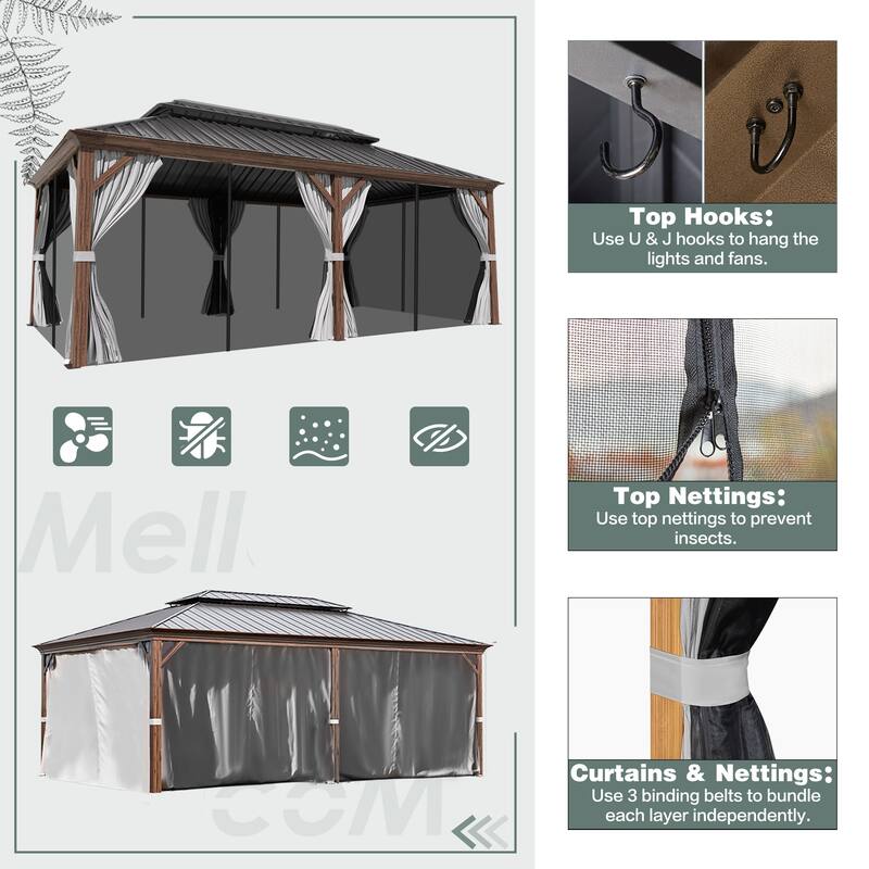 EROMMY Hardtop Gazebo with Galvanized Steel Roof - Waterproof Aluminum Pergola - All-Weather Metal Gazebo for Patio, Poolside