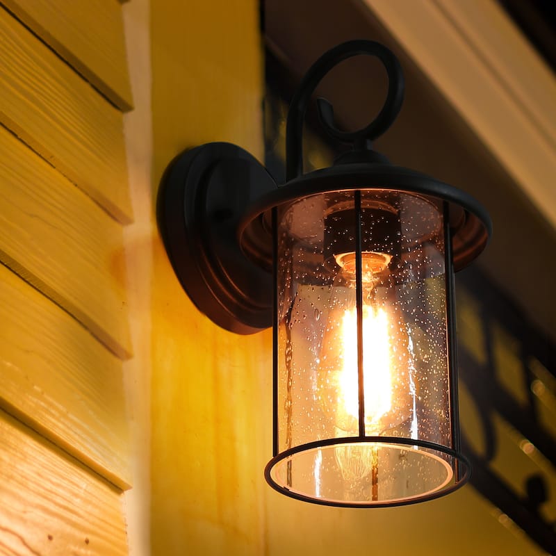Modern Farmhouse Outdoor Lighting Wall Sconce Black Wall Lantern Glass Shade - Textured Black - L 8" x W 7" x H 12"