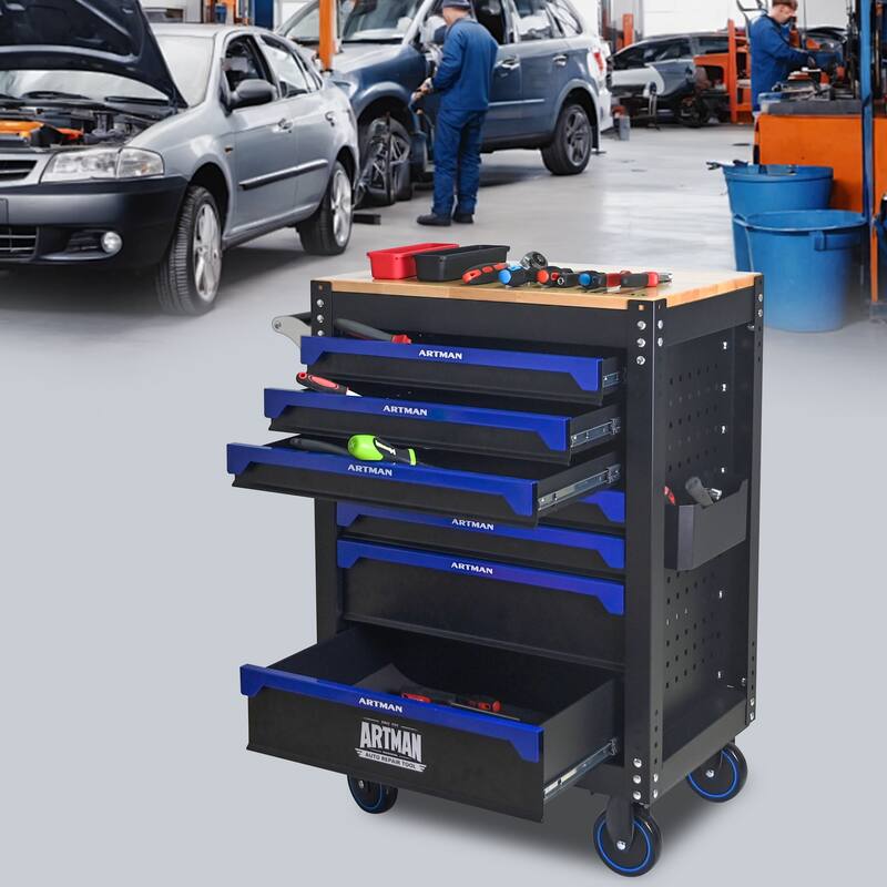 Mobile 7-Drawer Tool Cart, 30" Rolling Steel Storage Cabinet - Black