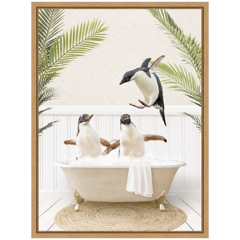 Kate and Laurel Sylvie Penguins in Palms Bath Framed Canvas by Amy Peterson